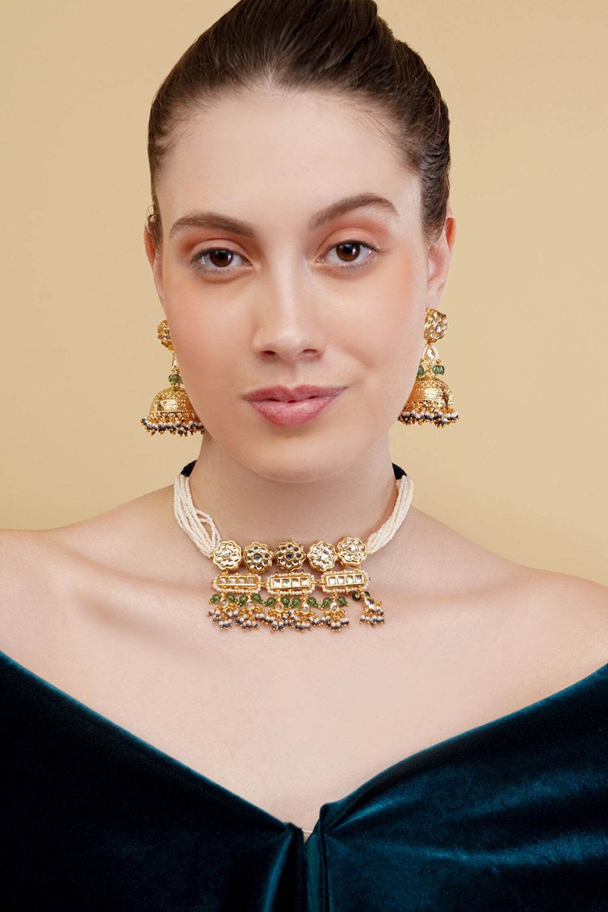 Gold-Plated Green & Blue Choker Necklace 