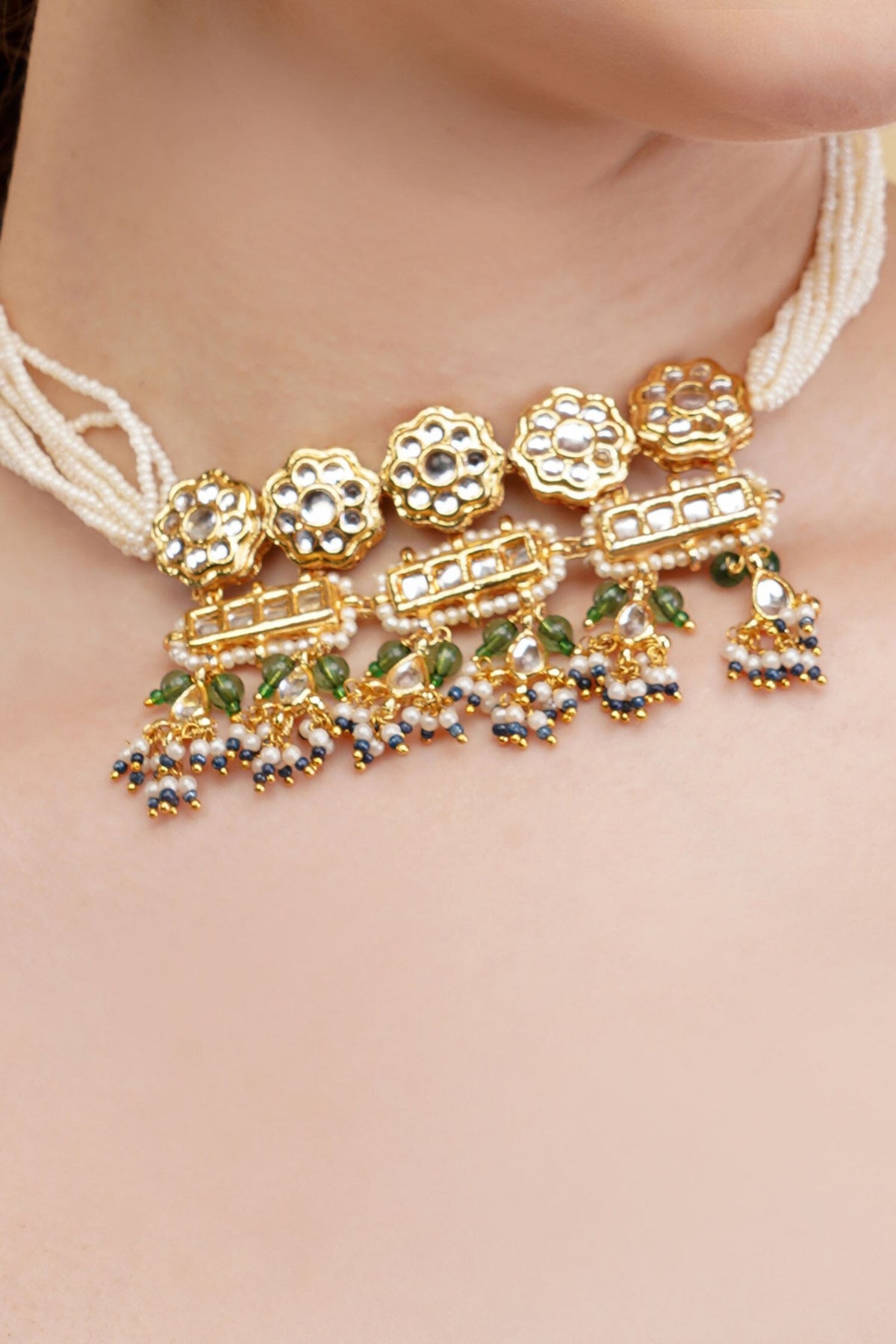 Gold-Plated Green & Blue Choker Necklace 