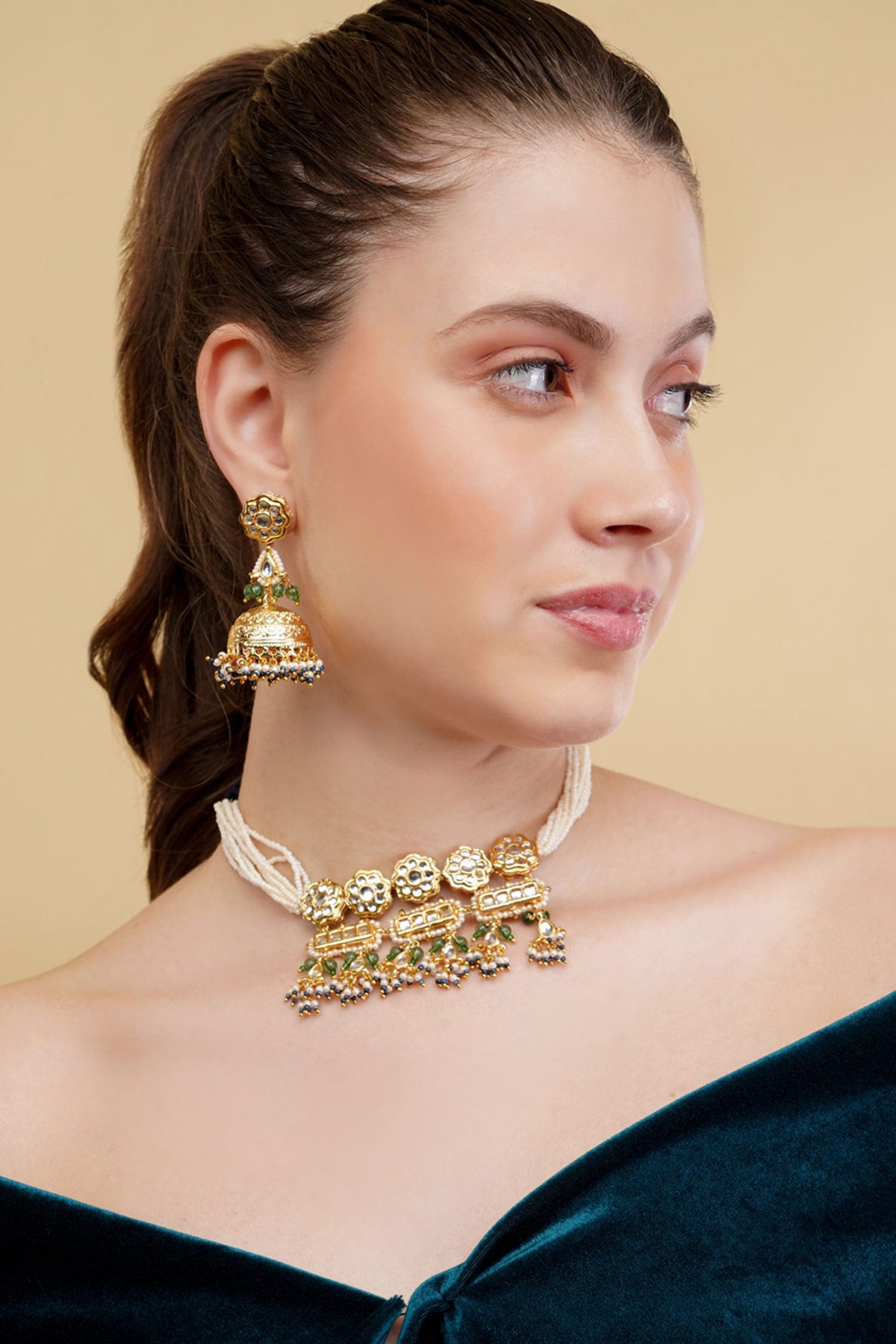 Gold-Plated Green & Blue Choker Necklace 