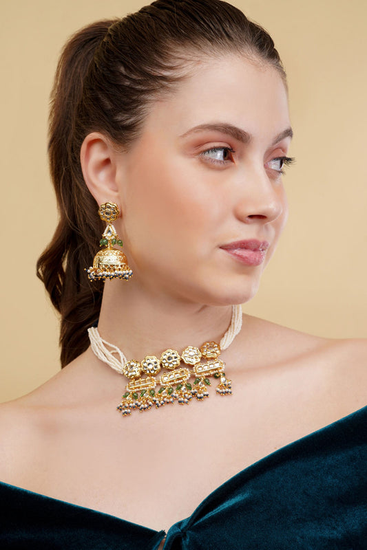 Gold-Plated Green & Blue Choker Necklace 