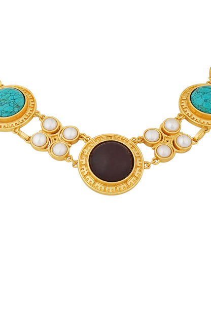 Gold Choker Necklace with Turquoise & Pearl 