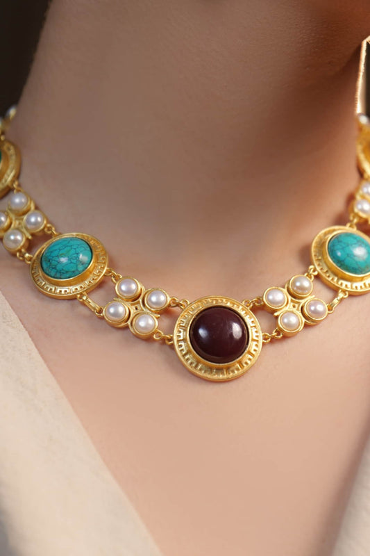 Gold Choker Necklace with Turquoise & Pearl 