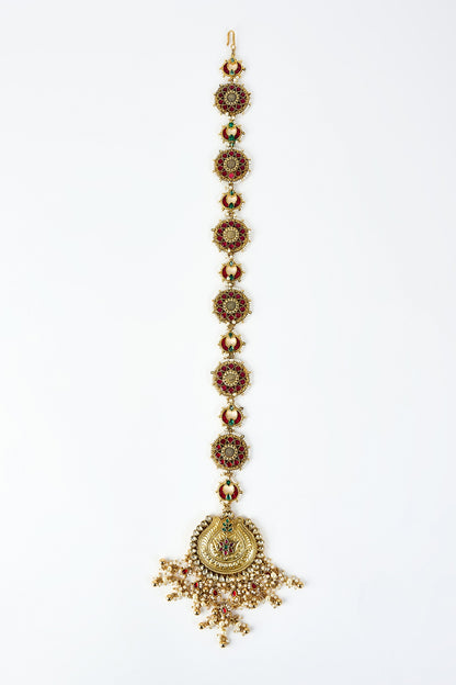 Gold & Red Kundan Polki Hair Accessory 