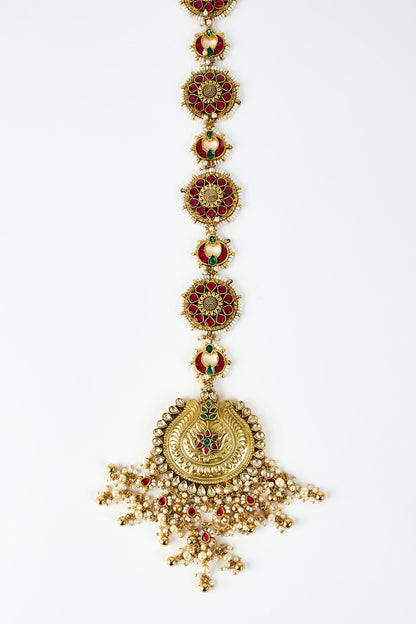 Gold & Red Kundan Polki Hair Accessory 
