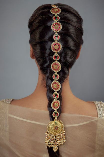 Gold & Red Kundan Polki Hair Accessory 