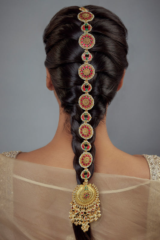 Gold & Red Kundan Polki Hair Accessory 