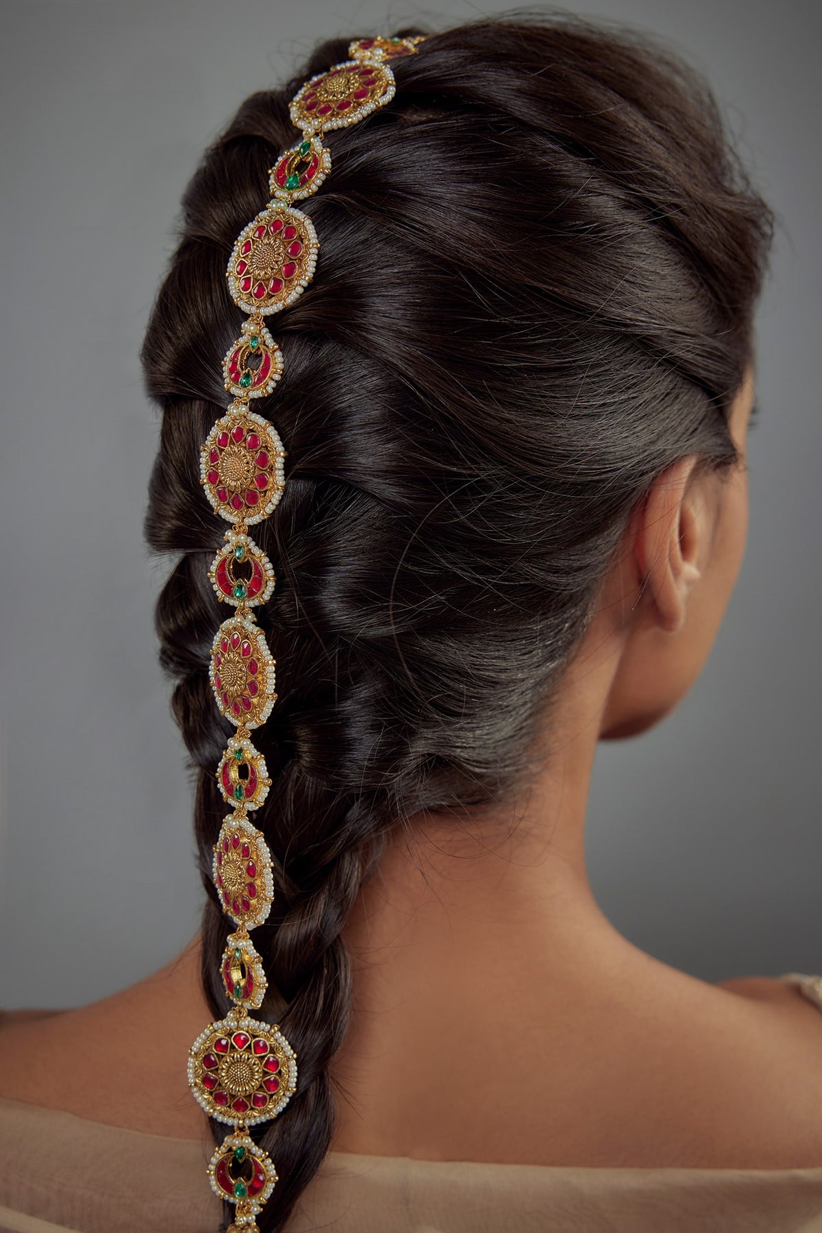 Gold & Red Kundan Polki Hair Accessory 