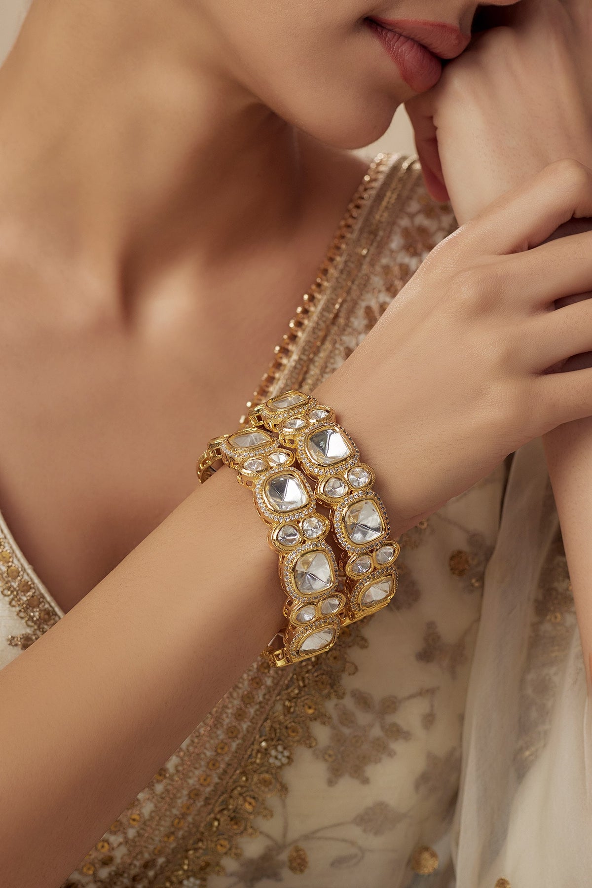 Gold Kundan Polki Adjustable Bangles 