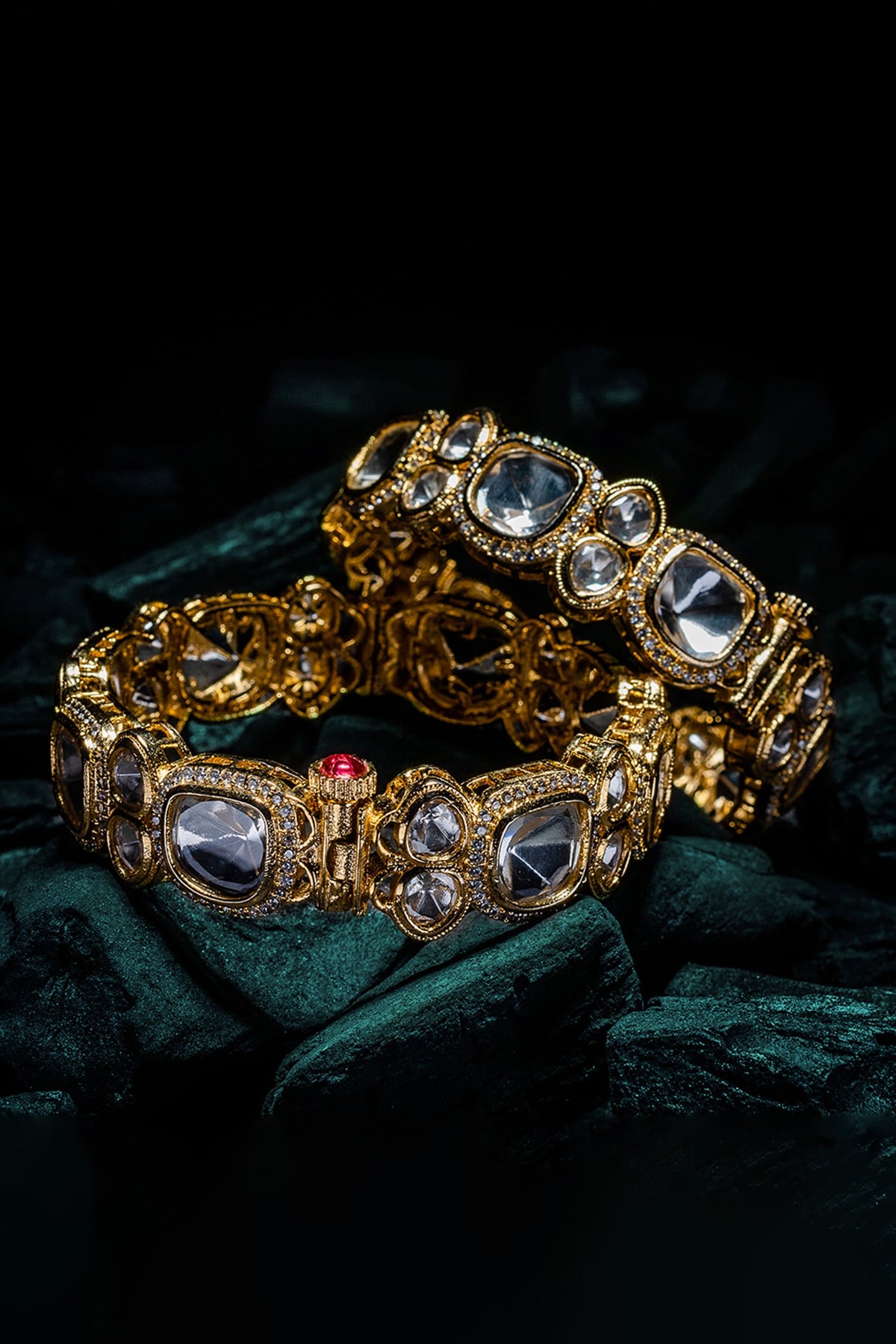 Gold Kundan Polki Adjustable Bangles 