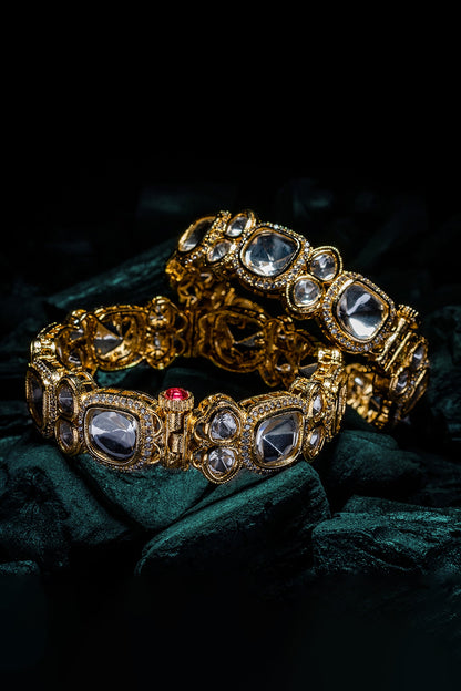 Gold Kundan Polki Adjustable Bangles 