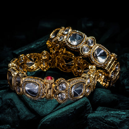 Gold Kundan Polki Adjustable Bangles 