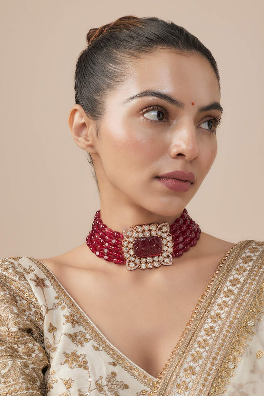 Gold & Red Beaded Choker Necklace 