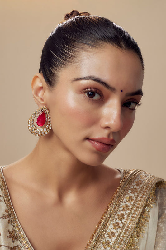 Gold & Red Kundan Polki Danglers 