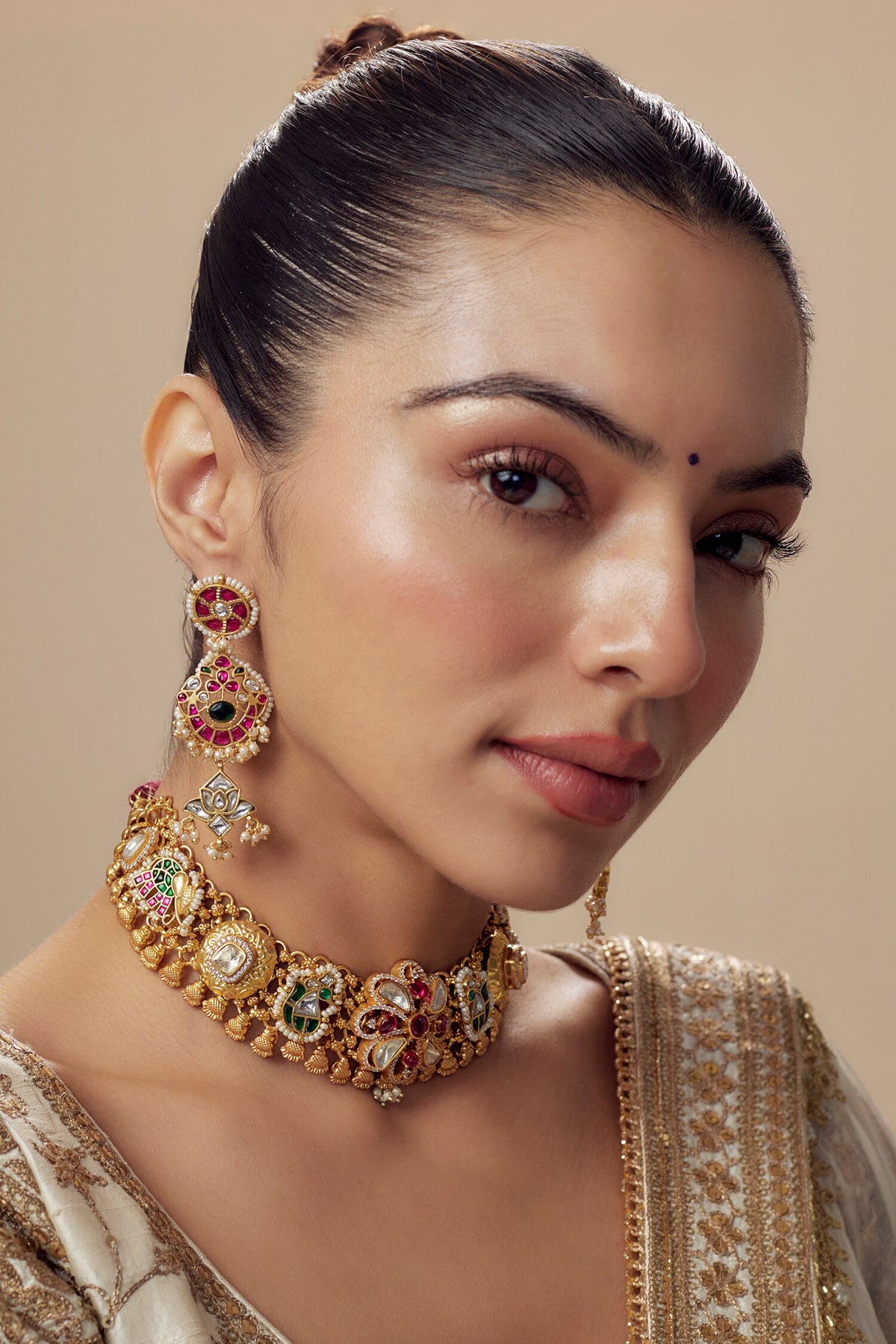 Gold Kundan Polki Necklace & Earring Set 
