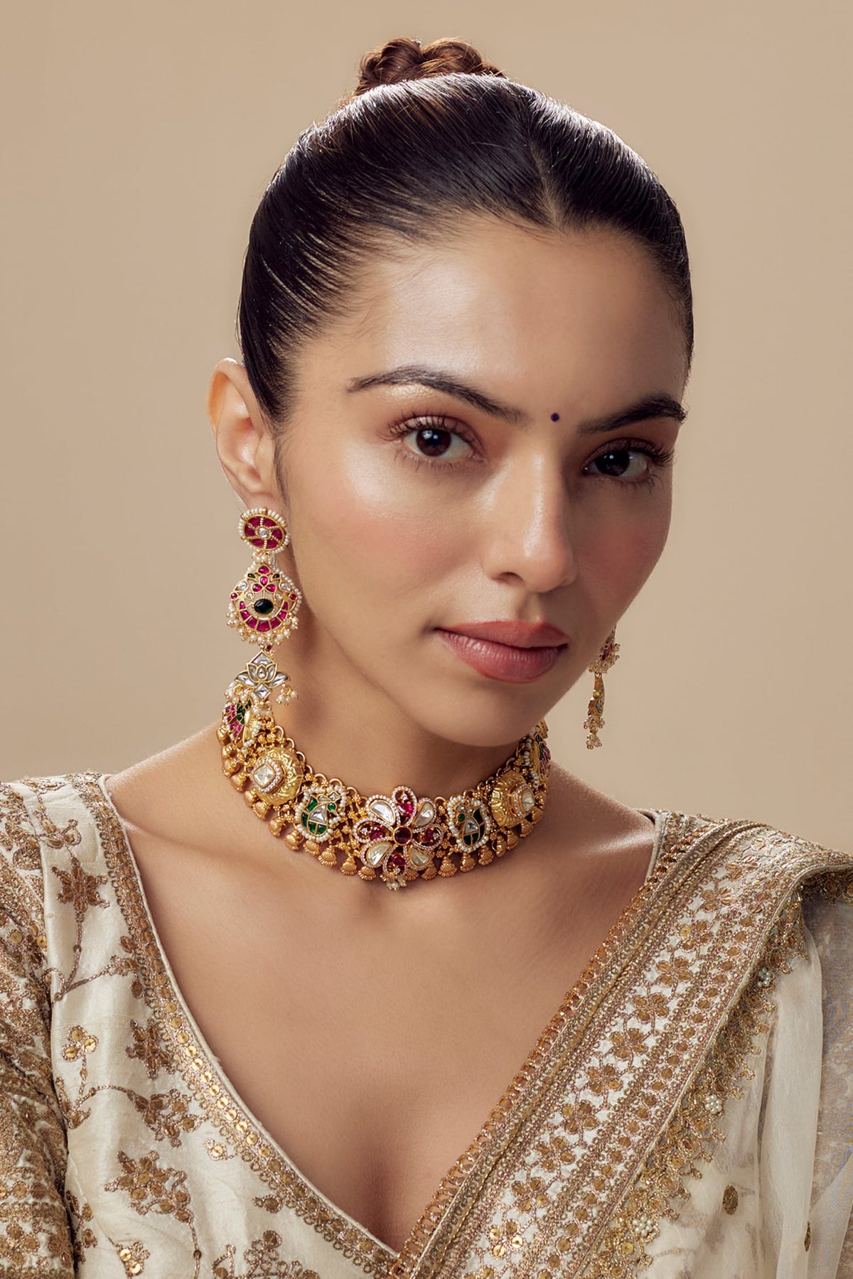 Gold Kundan Polki Necklace & Earring Set 