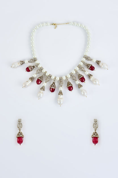Designer Pearl & Red Stone Jewelry Set 