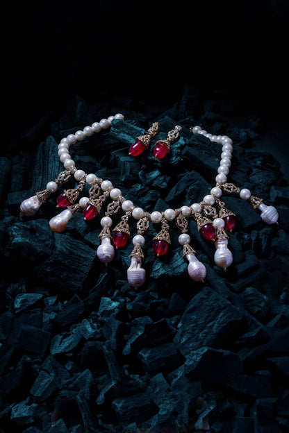 Designer Pearl & Red Stone Jewelry Set 