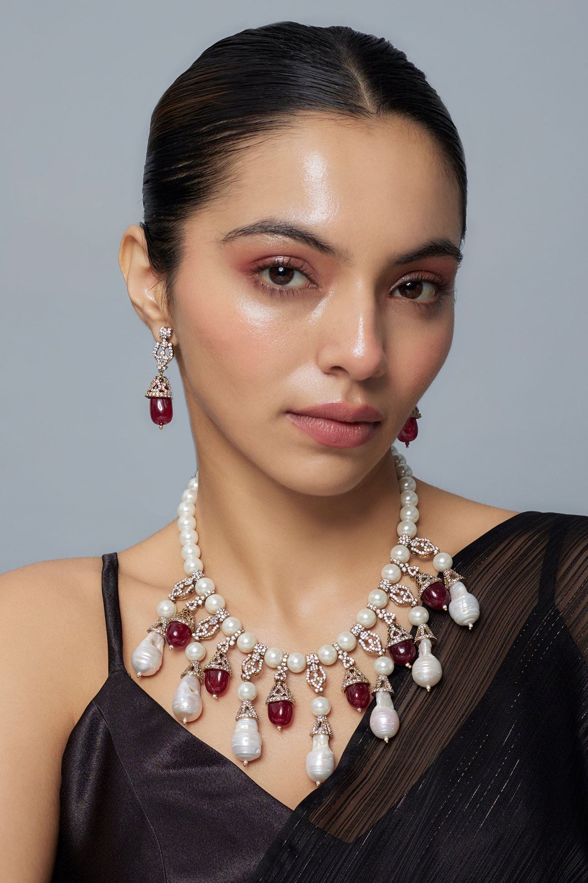 Designer Pearl & Red Stone Jewelry Set 