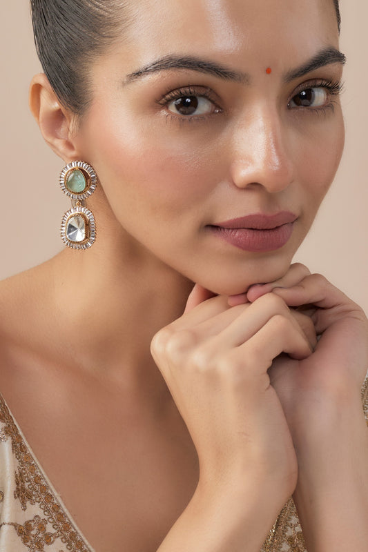 Gold Green Kundan Polki Danglers 