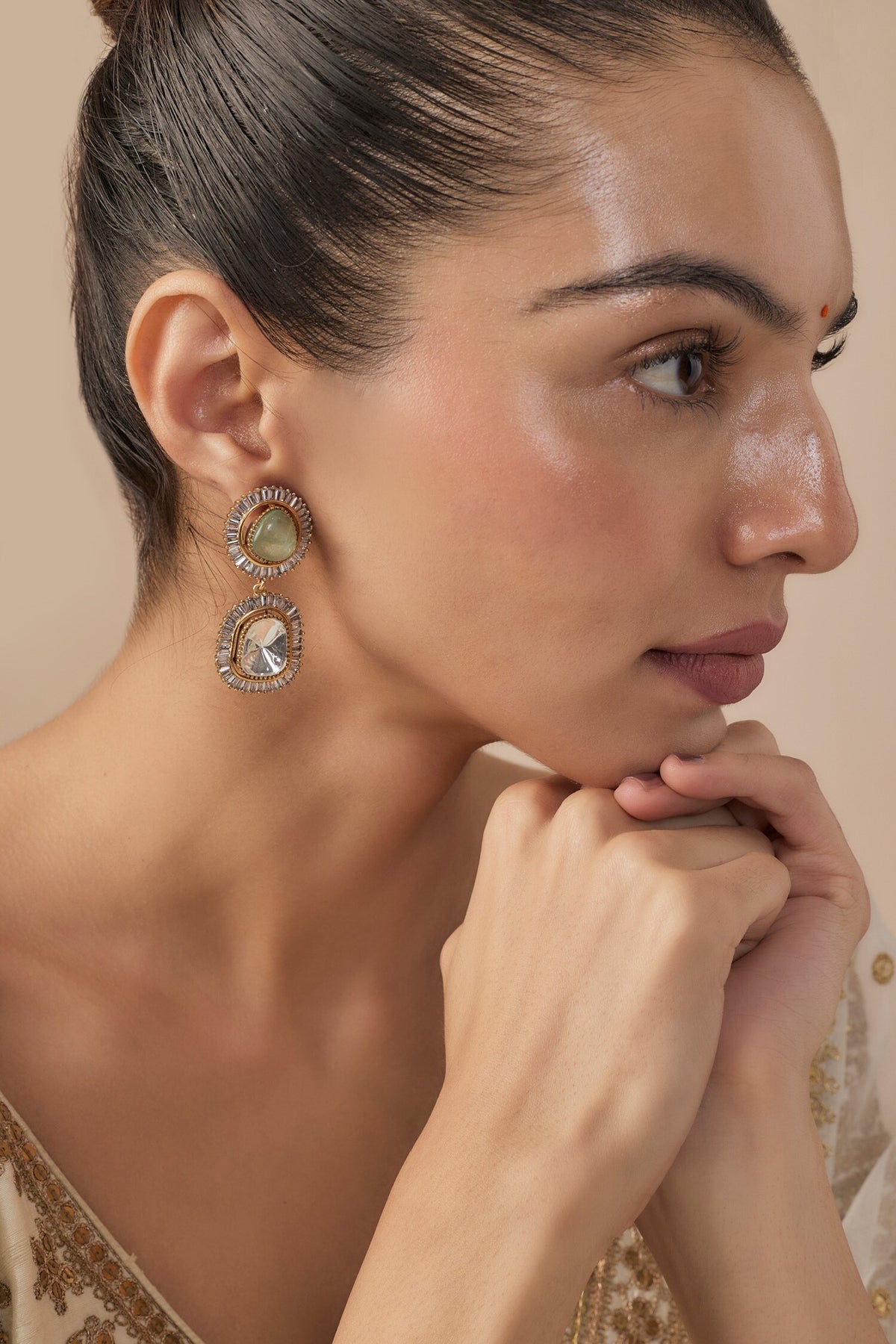 Gold Green Kundan Polki Danglers 