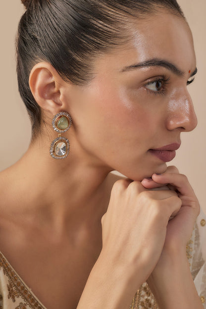 Gold Green Kundan Polki Danglers 