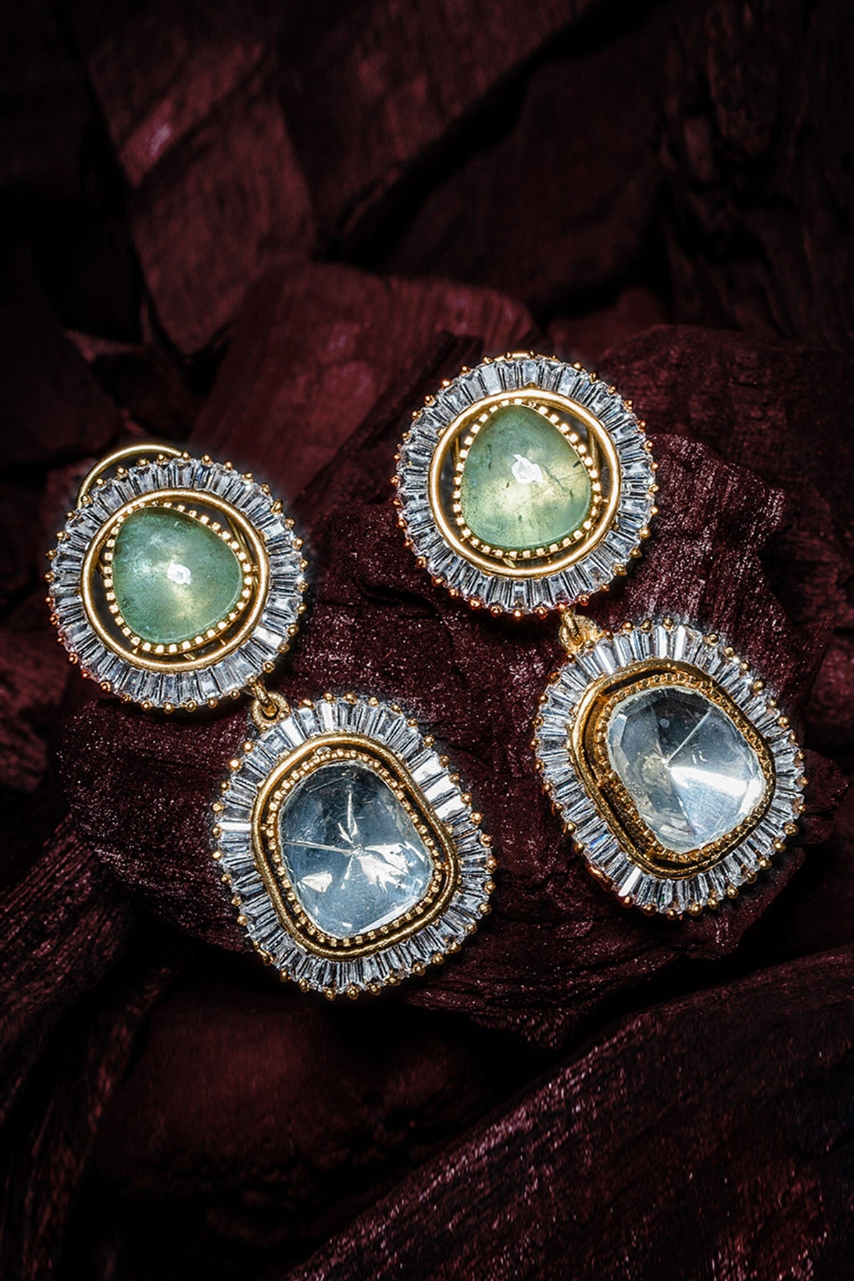 Gold Green Kundan Polki Danglers 