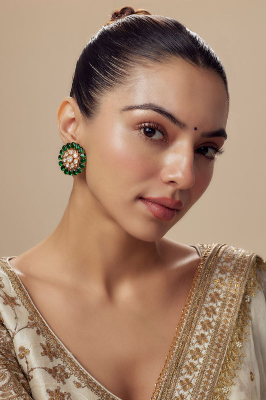 Gold & Green Kundan Polki Stud Earrings 