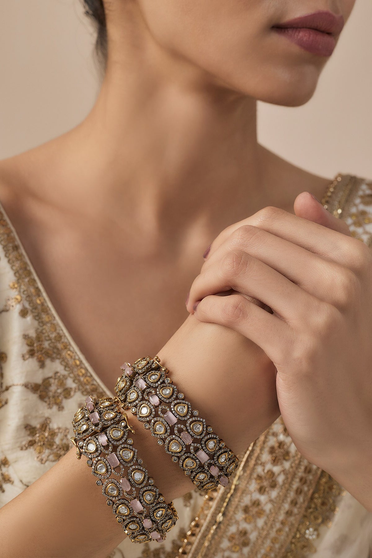 Gold & Pink Kundan Polki Bangles 