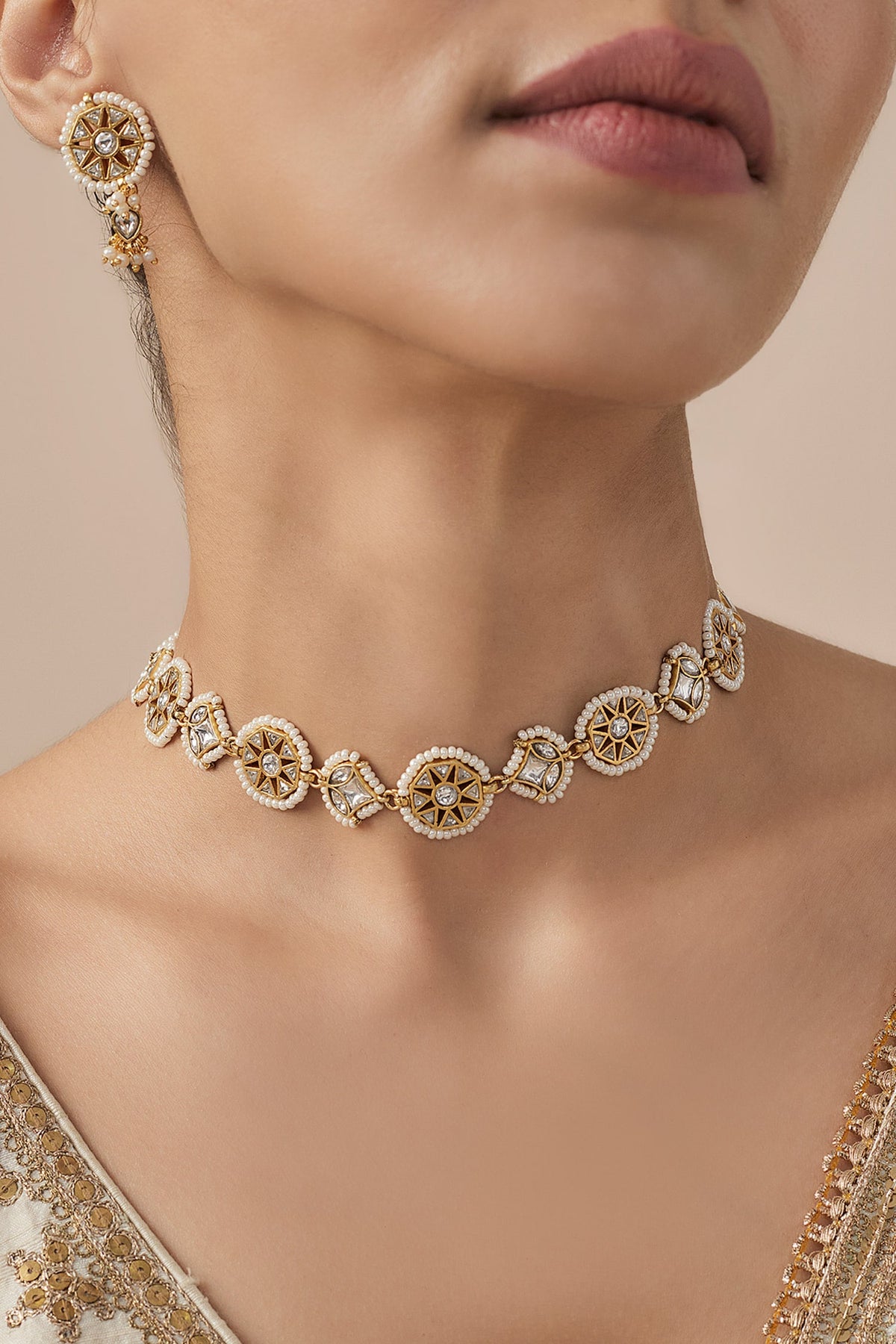 Gold Kundan Polki Necklace & Earring Set 