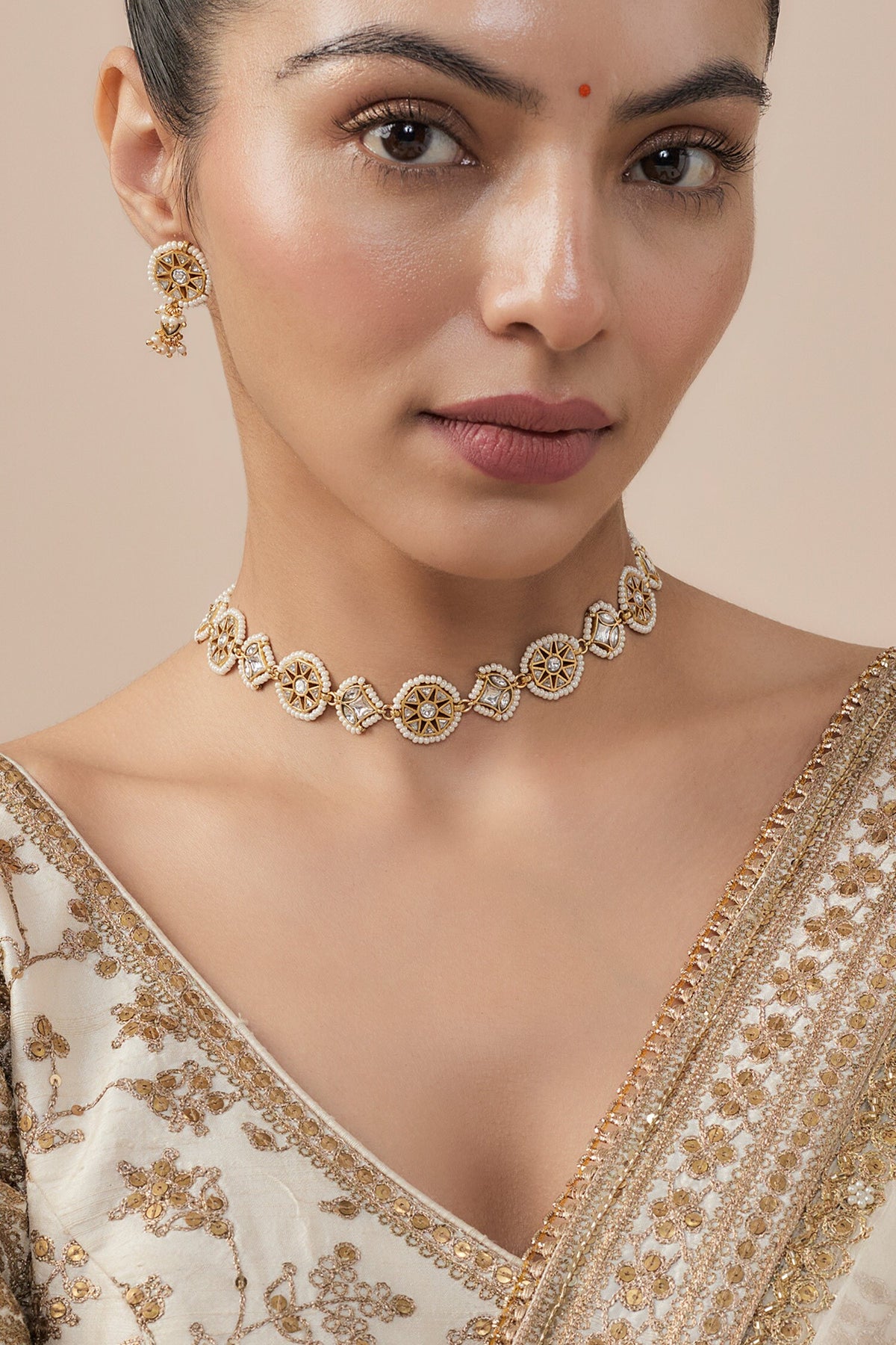 Gold Kundan Polki Necklace & Earring Set 