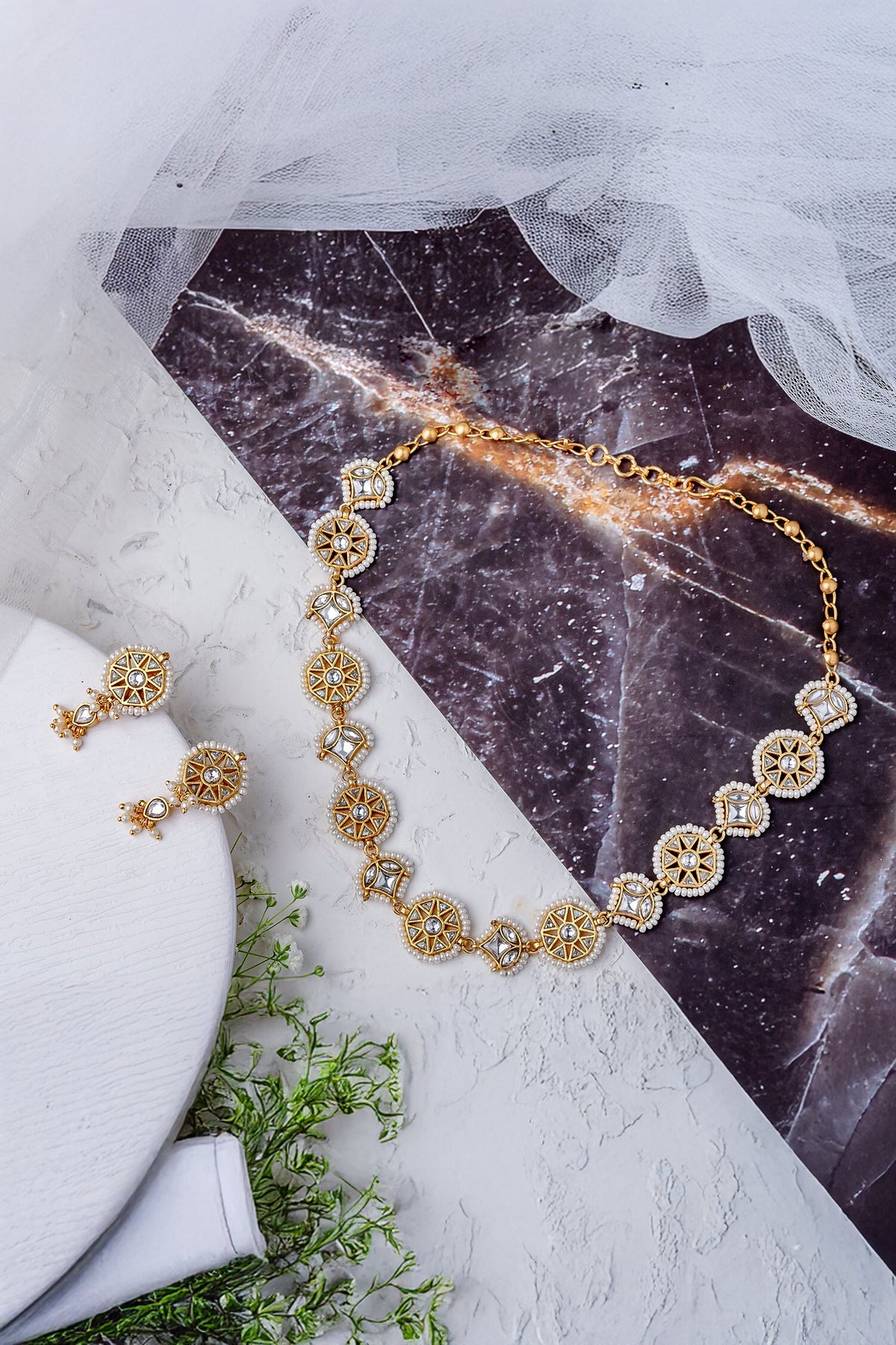 Gold Kundan Polki Necklace & Earring Set 