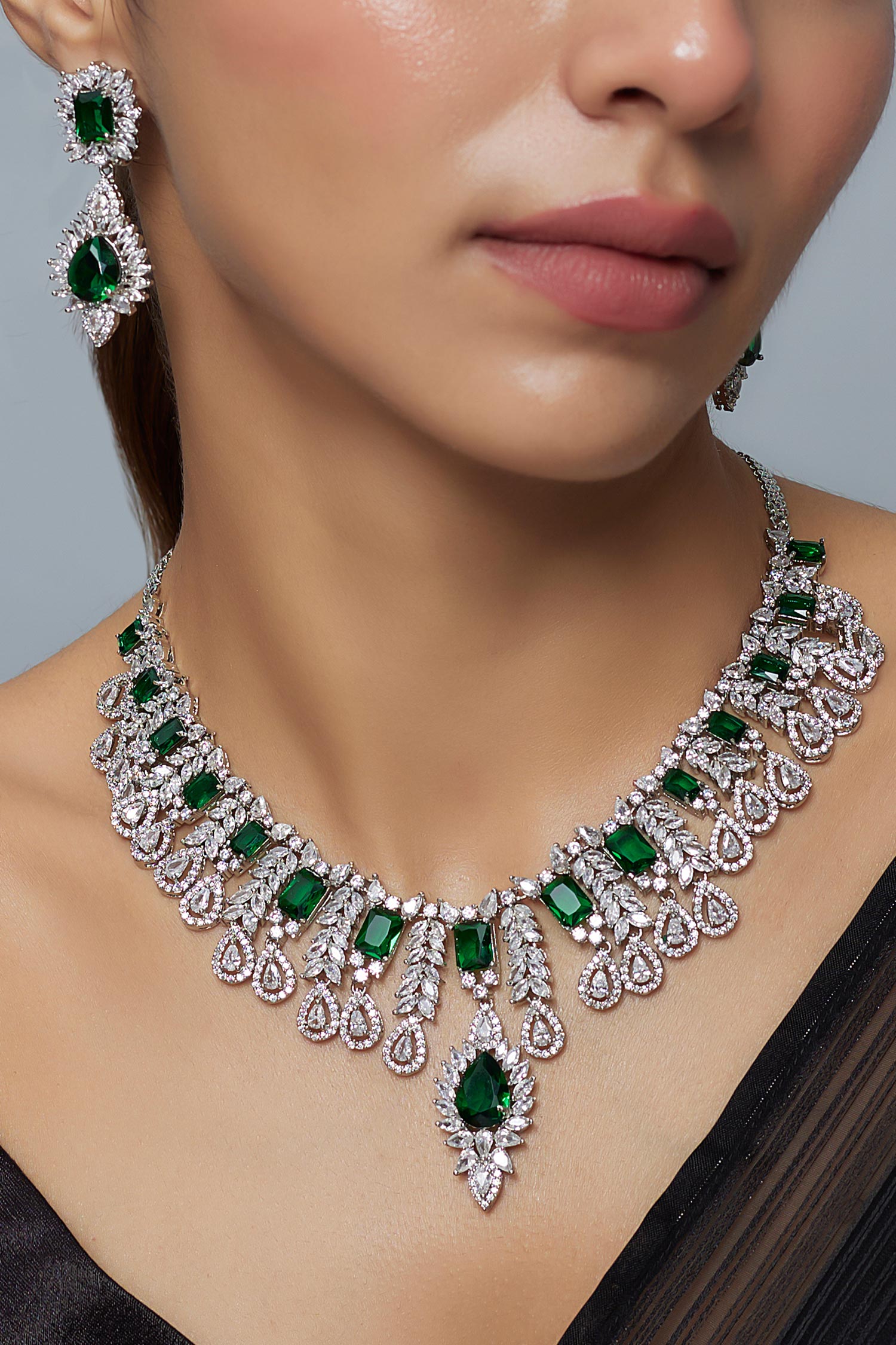 Designer Silver & Green Jewellery Set 
