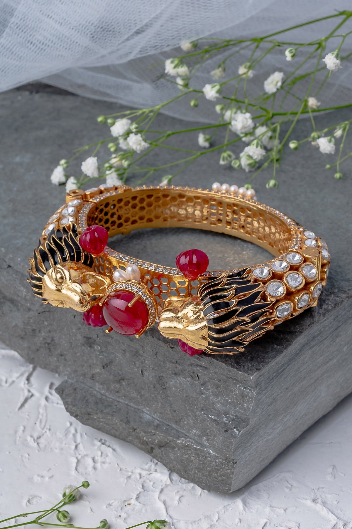 Gold & Red Kundan Polki Designer Bangle 