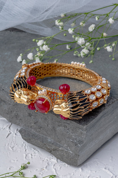 Gold & Red Kundan Polki Designer Bangle 