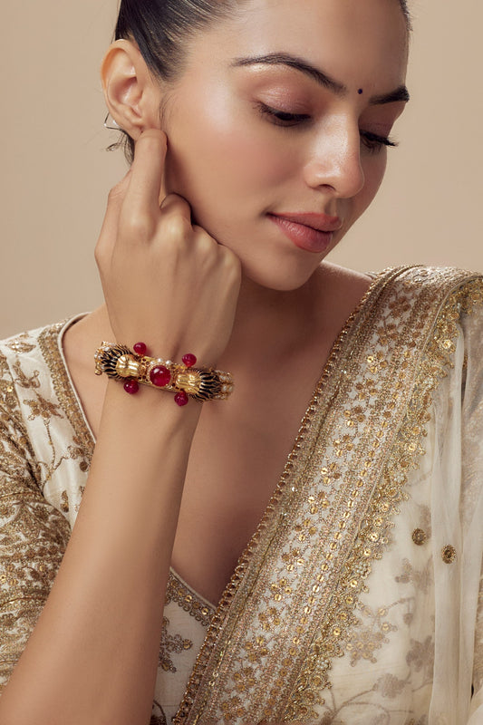 Gold & Red Kundan Polki Designer Bangle 