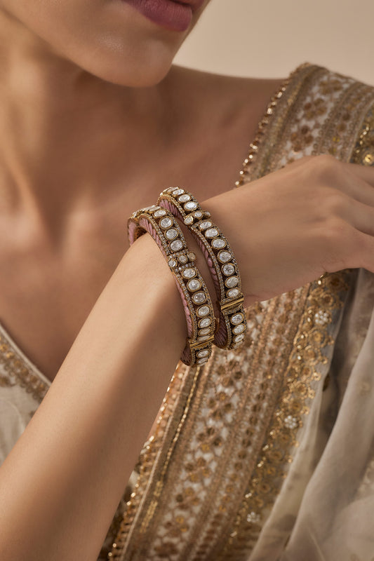 Gold & Pink Kundan Polki Bangles 