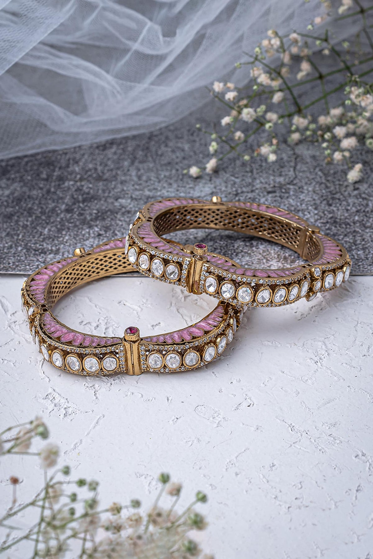 Gold & Pink Kundan Polki Bangles 