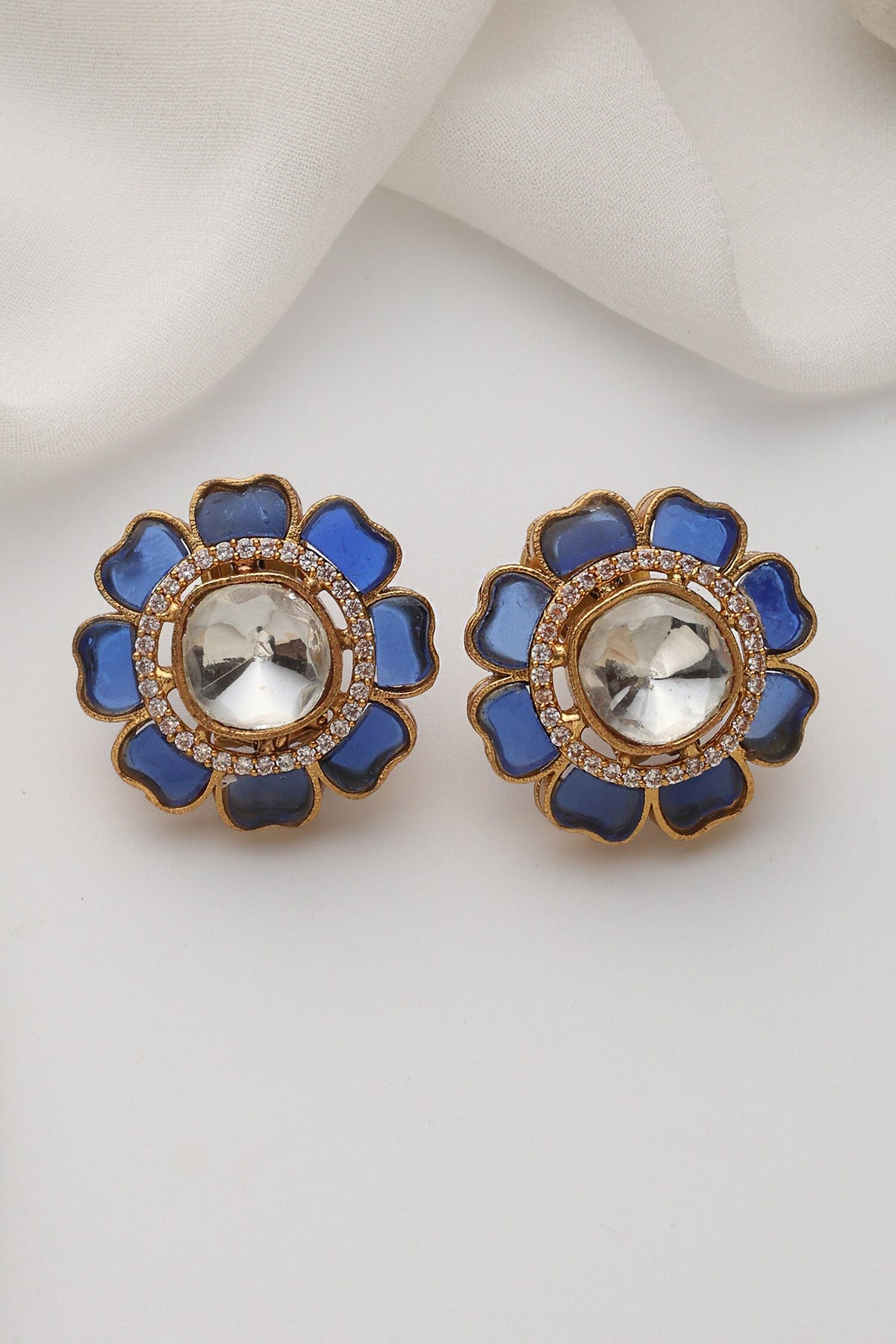 Blue Polki Stud Earrings 