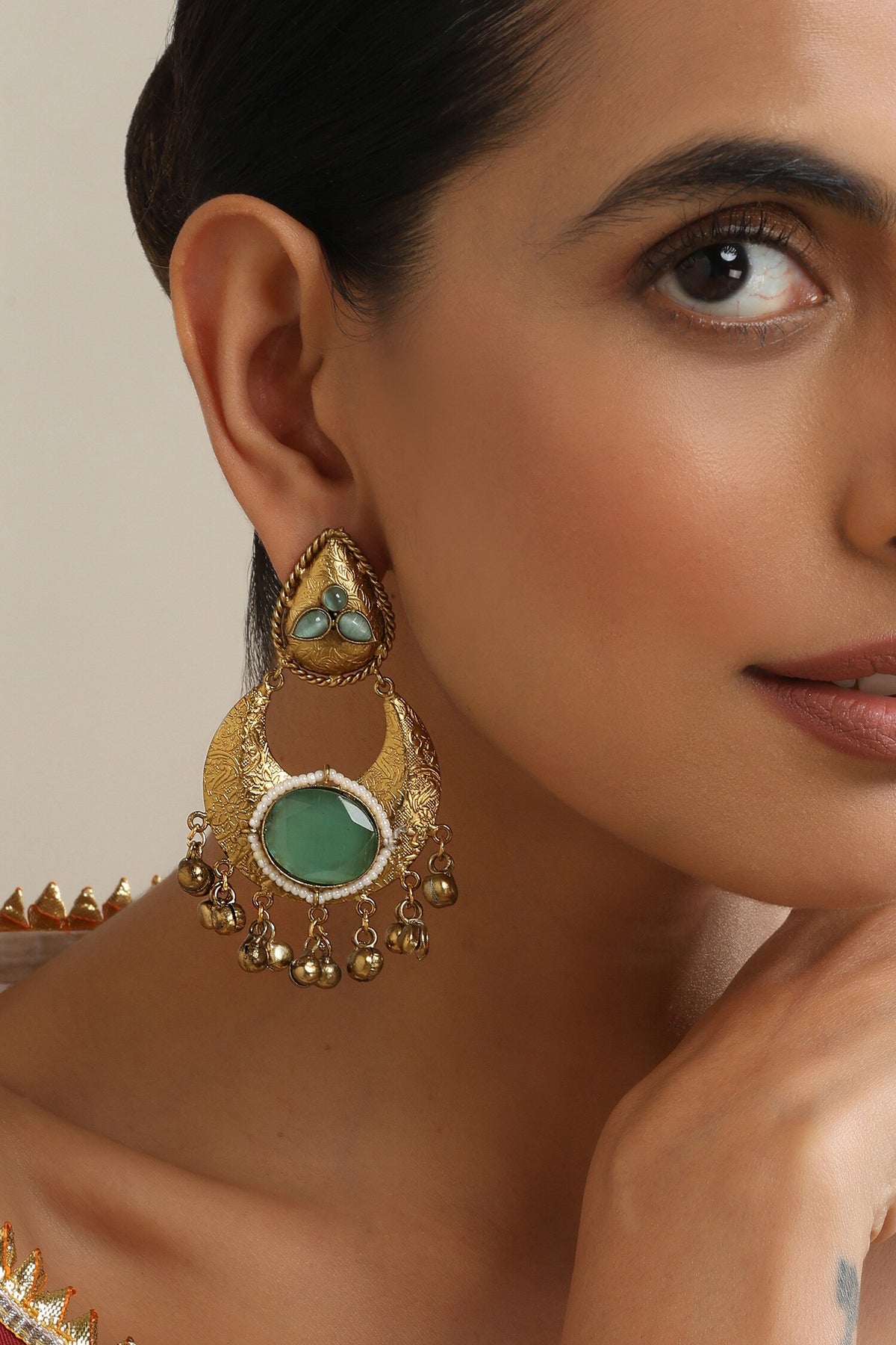 Mint Gold Chandbali Earrings 