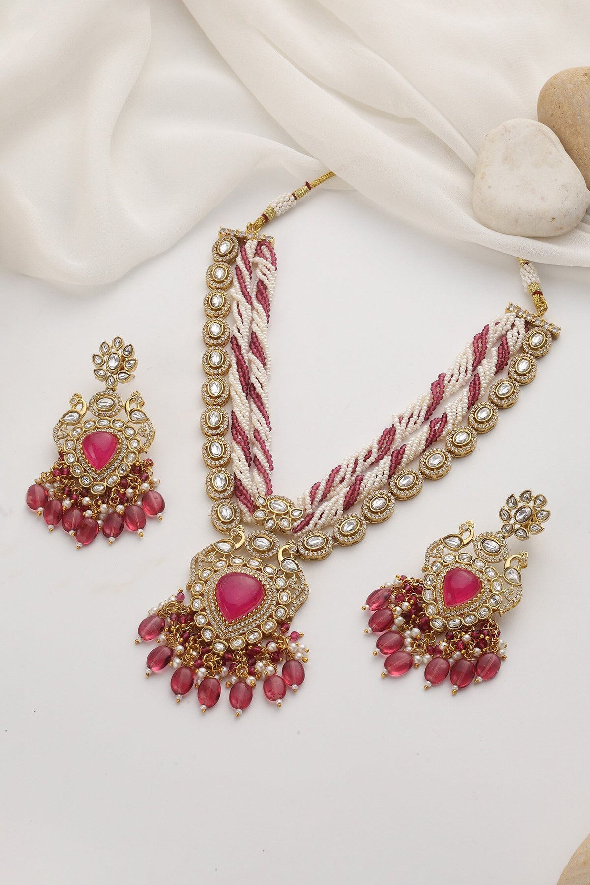 Red Embellished Polki Necklace Set 