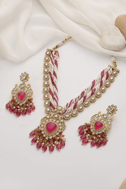 Red Embellished Polki Necklace Set 