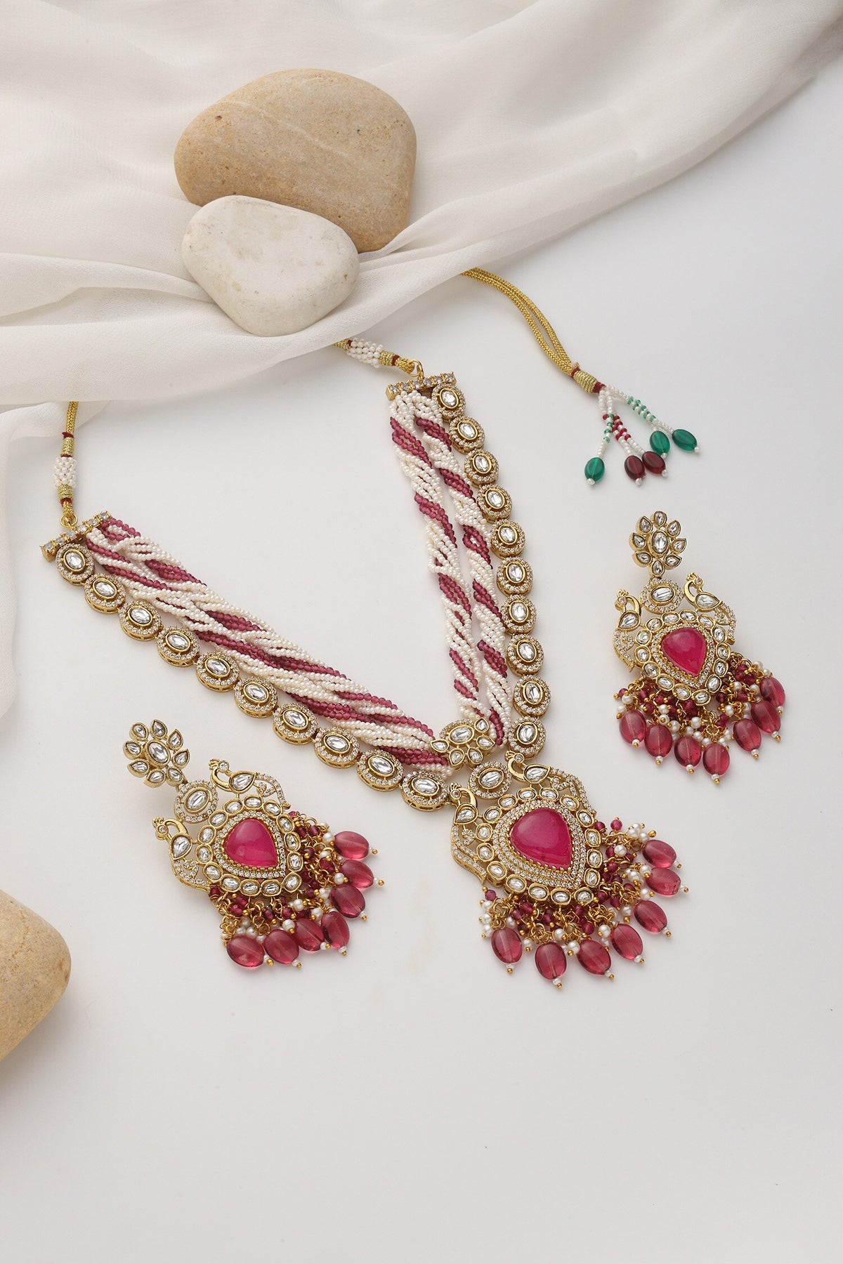 Red Embellished Polki Necklace Set 