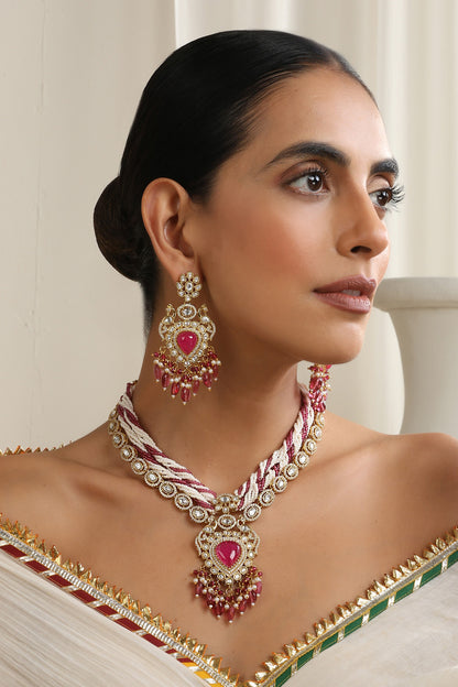 Red Embellished Polki Necklace Set 