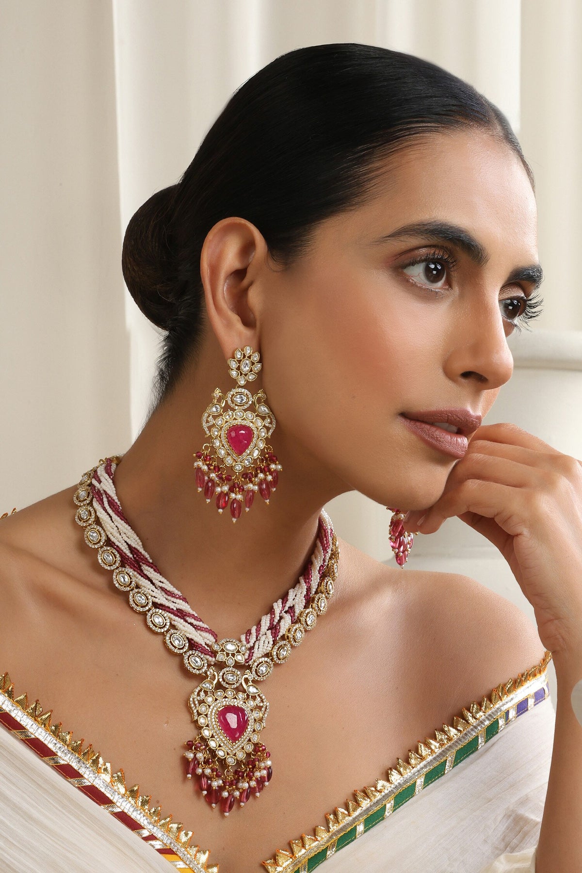 Red Embellished Polki Necklace Set 