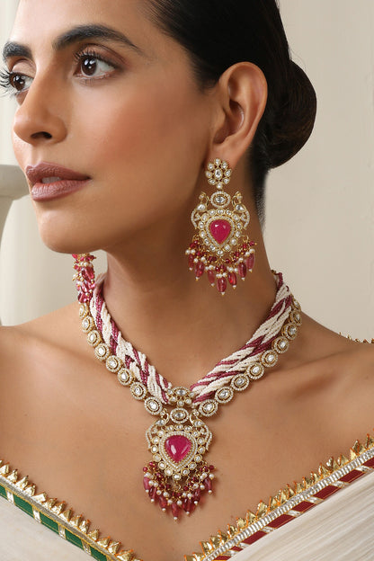 Red Embellished Polki Necklace Set 