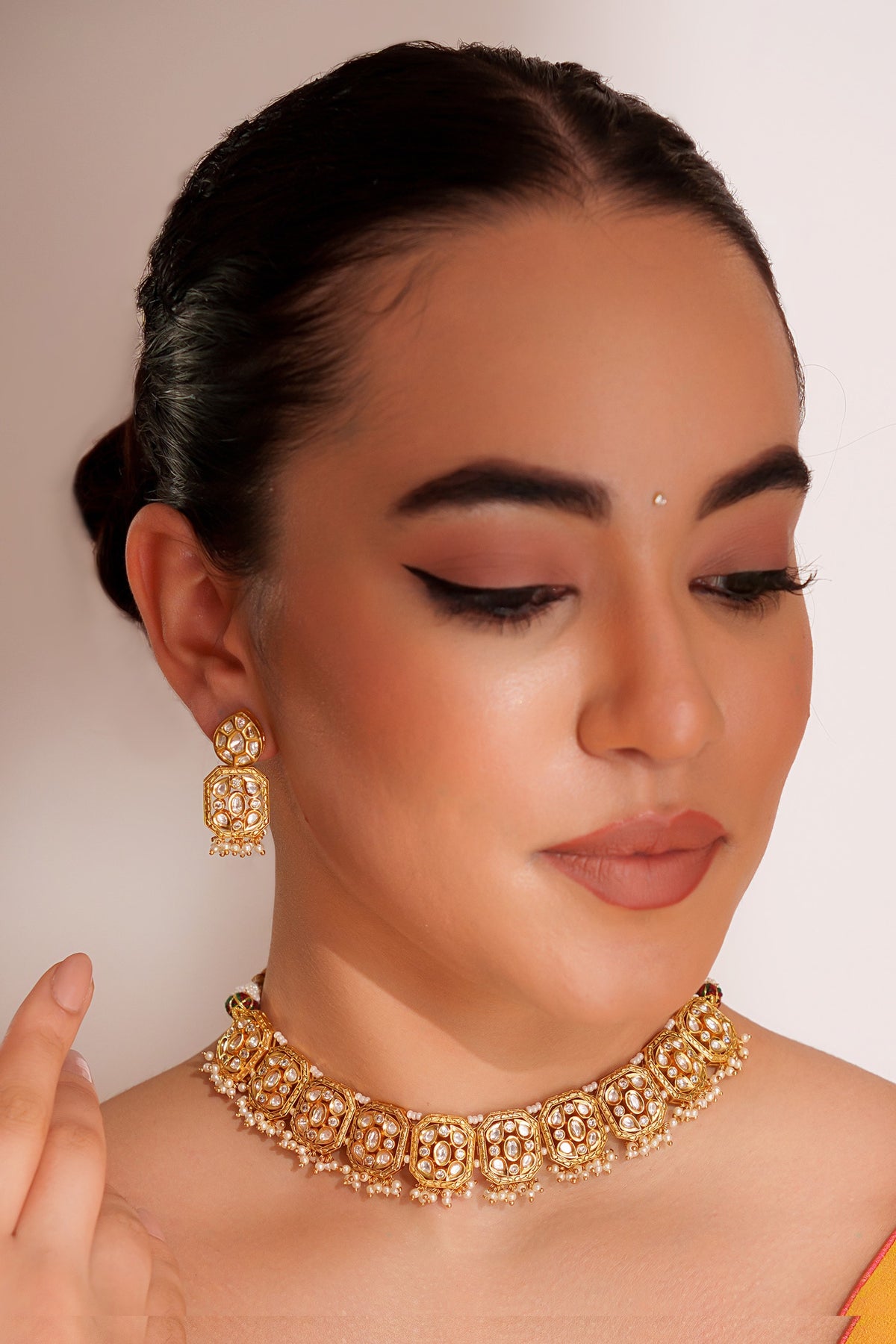 Gold Kundan Polki Necklace & Earring Set 