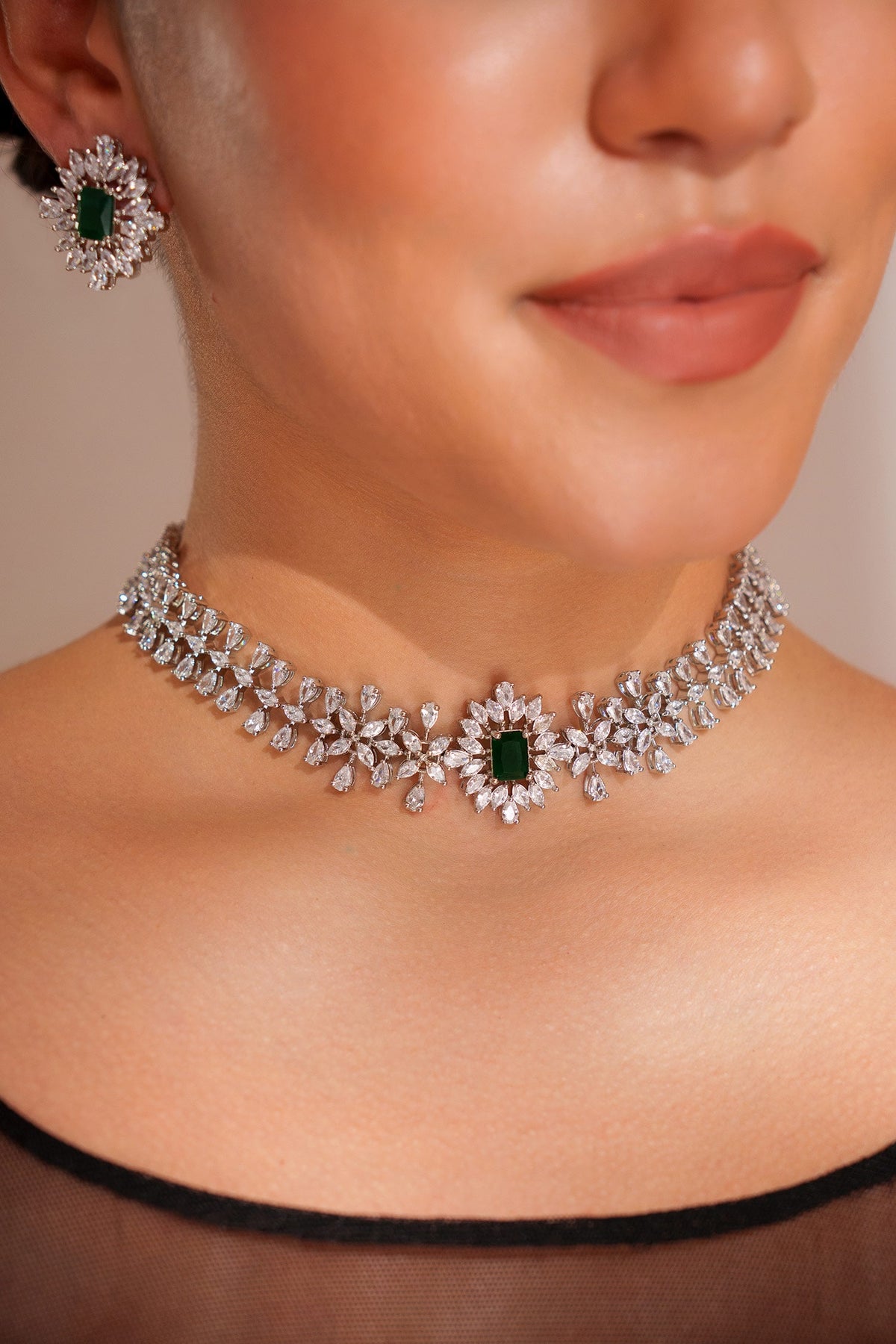 Designer Green Faux Diamond Jewellery Set 