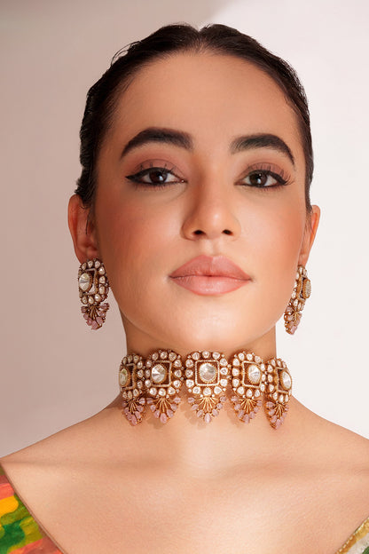 Kundan Polki Two Tone Necklace & Earrings Set 