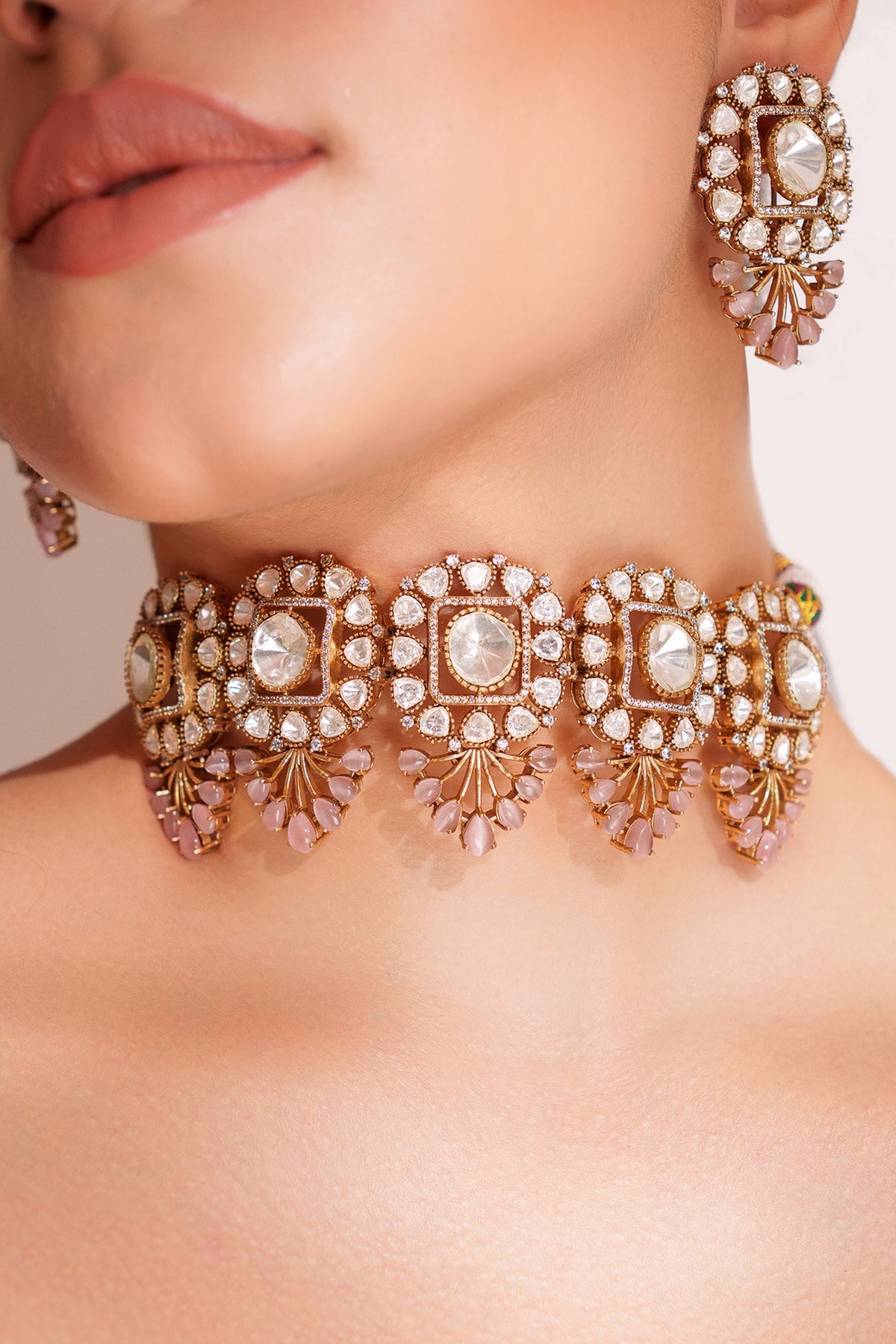 Kundan Polki Two Tone Necklace & Earrings Set 