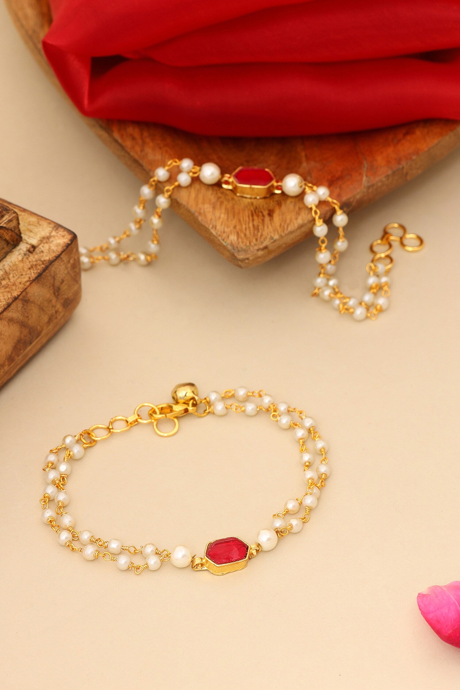 Gold Plated Maroon Polki Anklets 